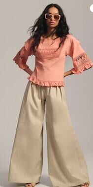 Anthro Tiny Sonoma Coral Boho Blouse XL Crochet Lace Ruffle Sleeve Peplum Top